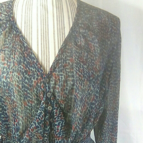 BEULAH Multicolored Long Sleeve Belted Decorative Button V Neck Dress Size S/M - Picture 2 of 7